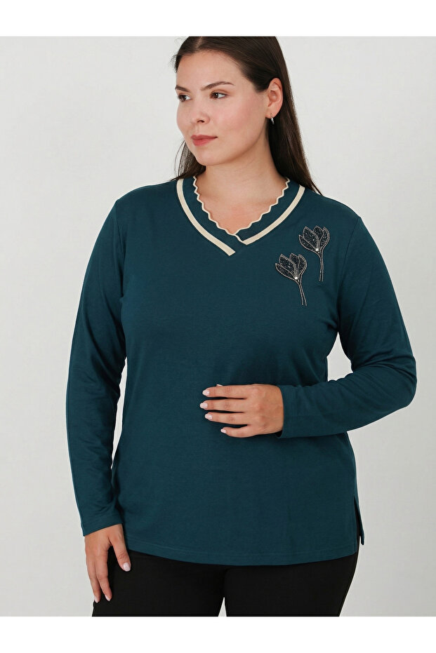 High Quality Turlu Combed Cotton Blouse Flexible 4 Seasons V-Neck 812