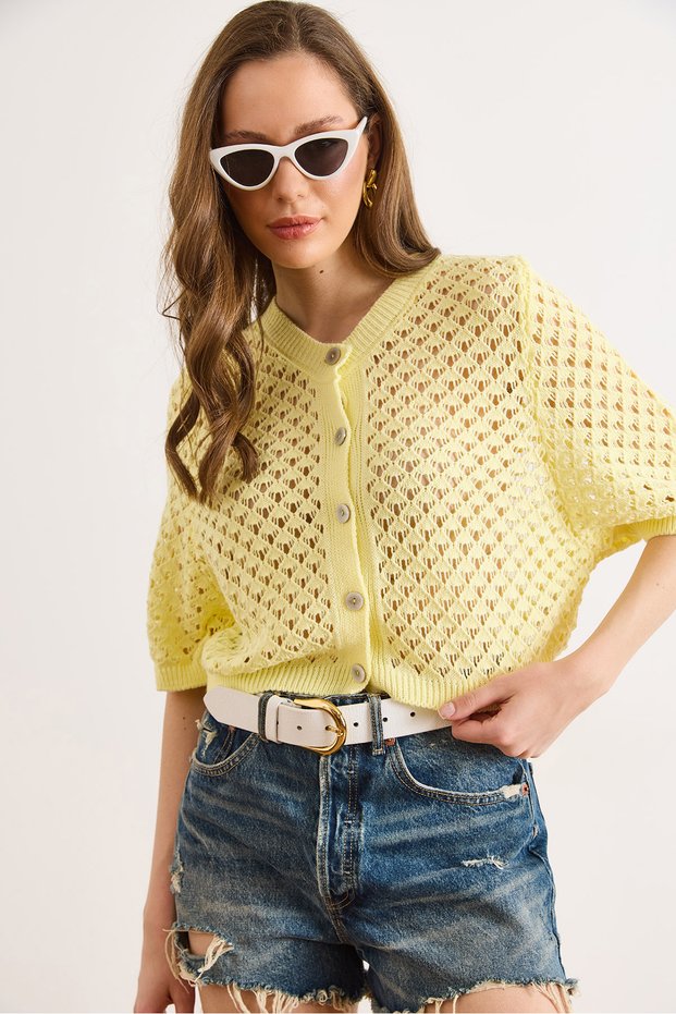 Women's Yellow Tiny Diamond Openwork Crop Seasonal Cardigan Hrk-19000495