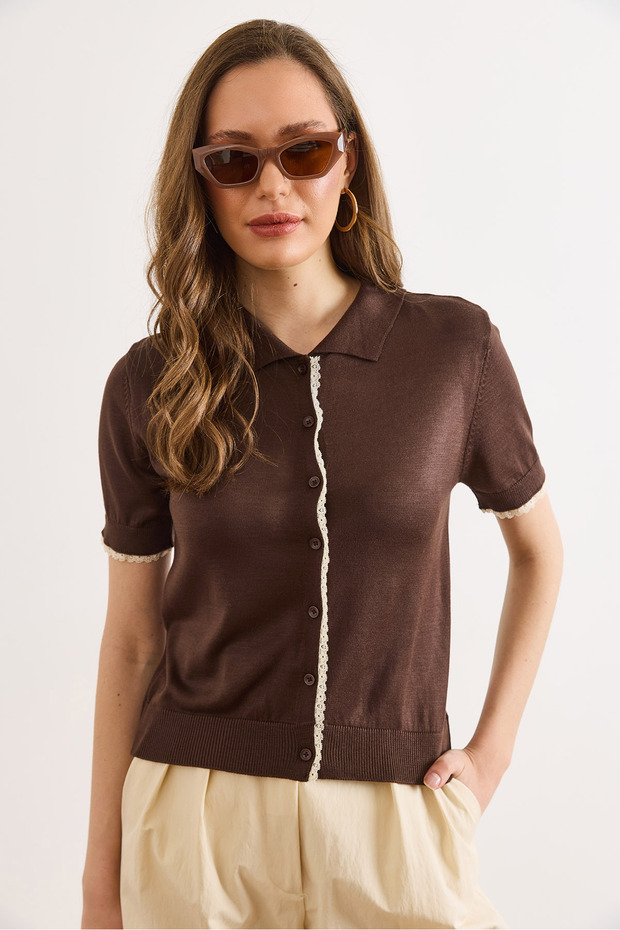 Women's Brown Lace Detailed Viscose Cardigan Hrk-19000494