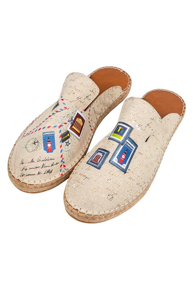 Men's Vegan Cream Slippers - Letters and Stamps Design
