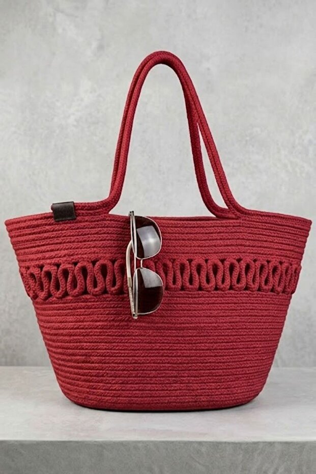 Premium Patterned Straw-Textured Women's Beach Bag Si - Hand Knitted Style Vacation and City Bag Si