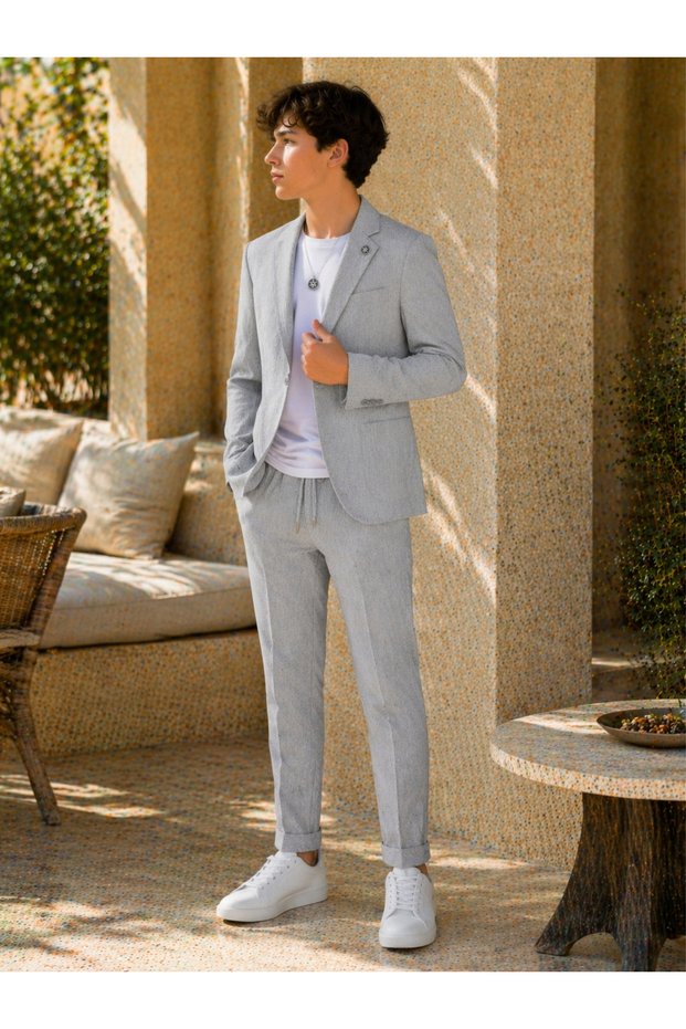 Boys' Linen Premium Striped Suit Set / Wedding, Graduation, and Special Occasions (Set of 5)