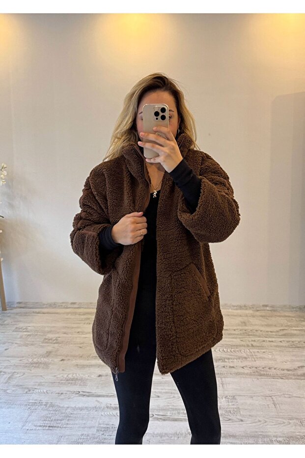 Brown Long Plush Coat - 1