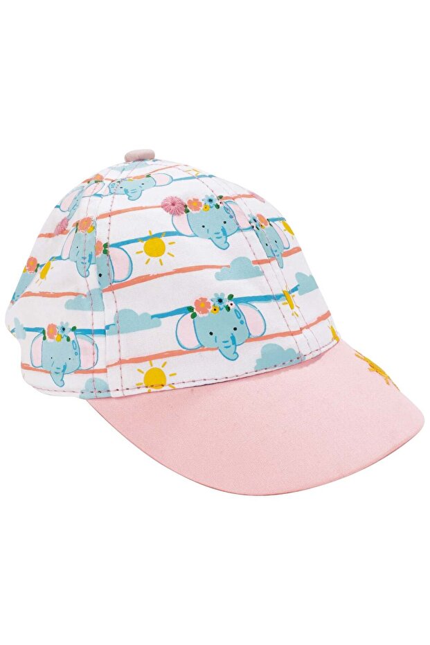 Baby Girl Powder Yellow Sun Embroidered Elephant Patterned Beanie Hat 0-18 Months