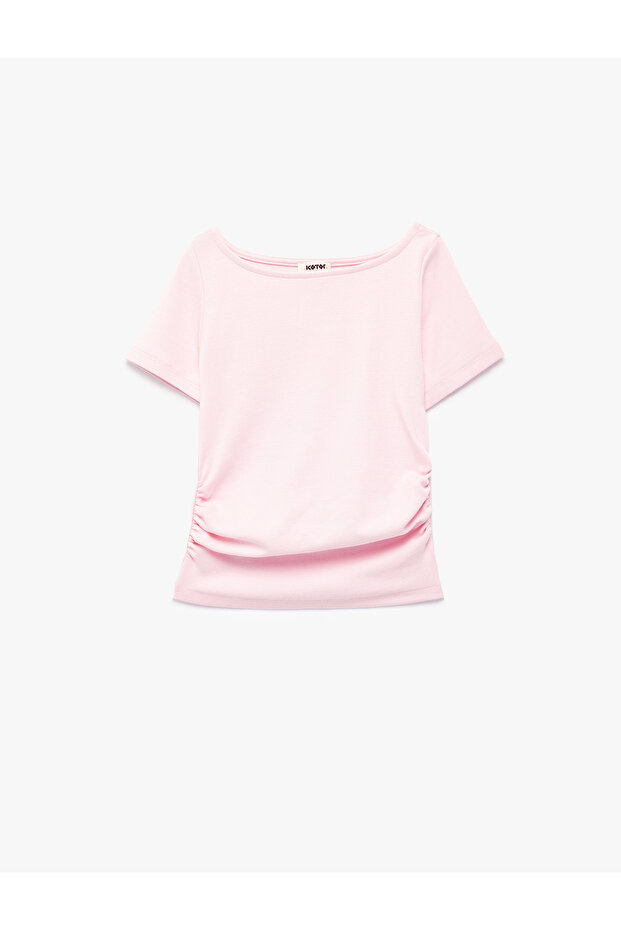 Drape Detailed Round Boat Neck Short Sleeve Modal T-Shirt