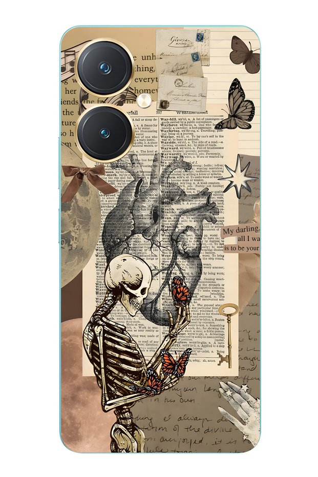 Vivo Y27 Compatible Vintage Skeleton and Butterfly Pattern Transparent Phone Case