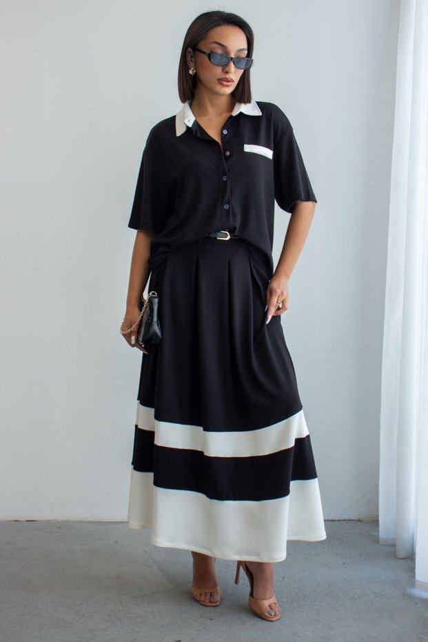 Women's Striped Detail Short Sleeve Shirt and Contrast Pleated Midi Skirt Modal Sets