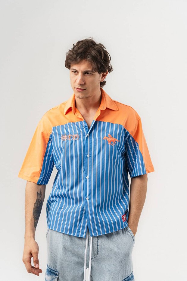 Dualtone Embroidery Detailed Striped Short Sleeve Oversized Shirt