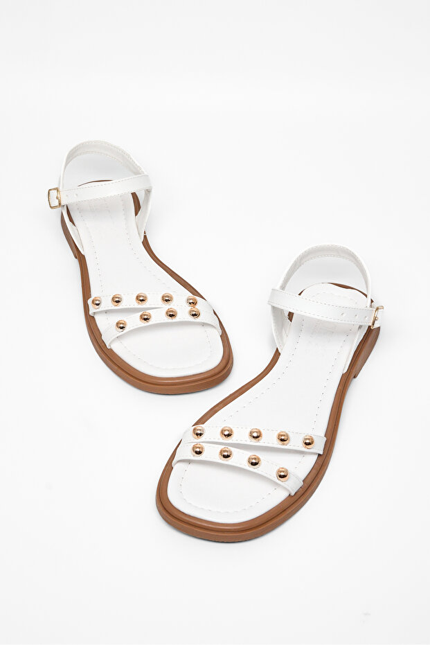 Women's White Comfortable Fit Double Straps with Buckled Stones Sandals