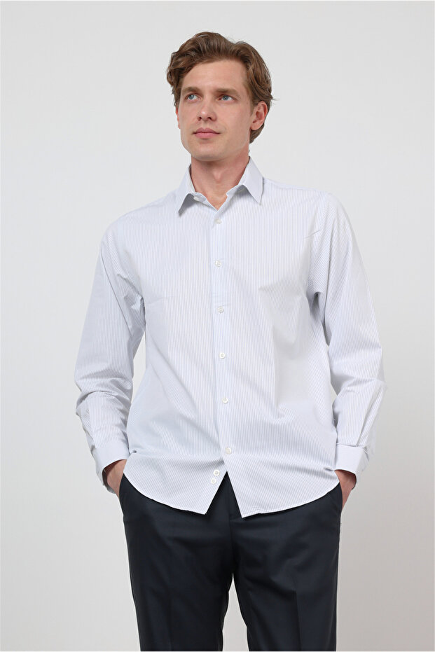 White-Blue Hard Collar Long Sleeve Pocketless Slim Fit Cotton Shirt 1004260210
