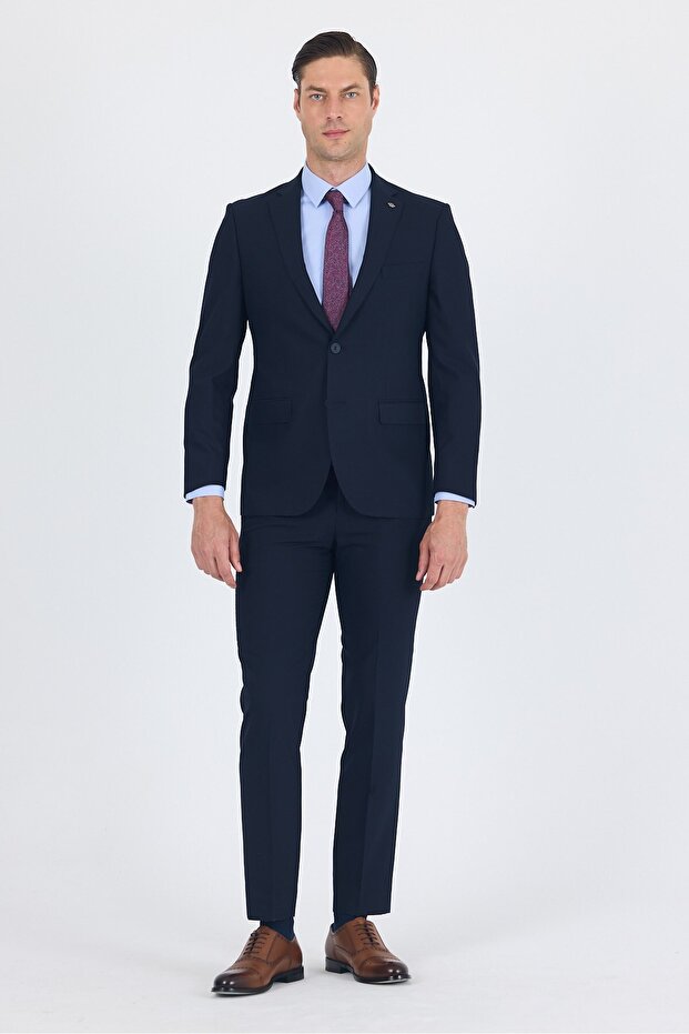 Navy Blue Mono Collar Gabardine Lined Stretchy 6 Drop Comfort Fit Basic Suit 1001255010