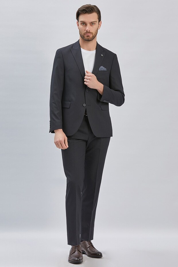 Men's Black Gabardine Mono Collar 8 Drop Slim Fit Basic Suit 1001255006