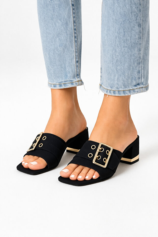 Women's Black Buckled Heels Slipper Stylish Daily Use Comfortable Sandals