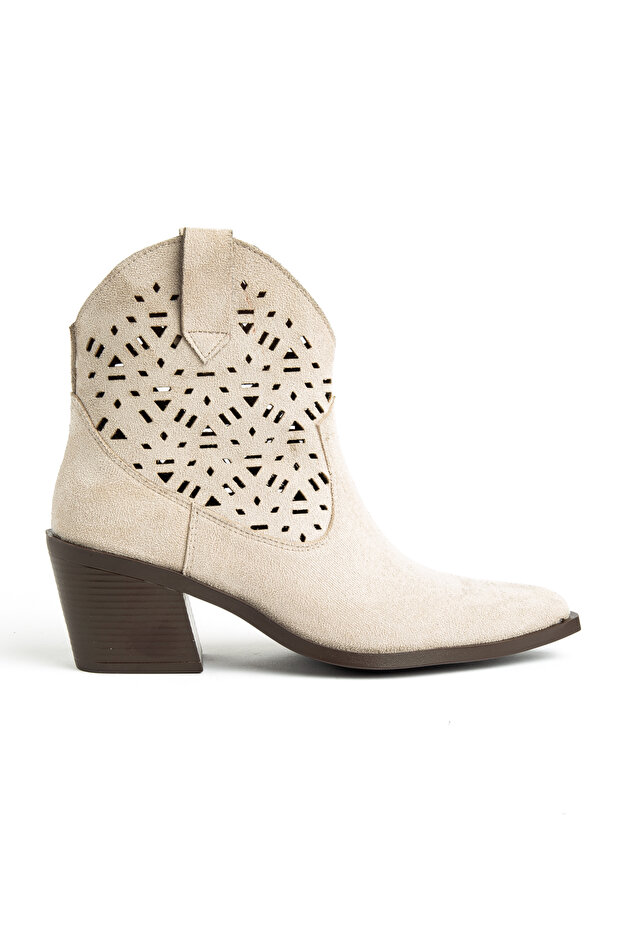 Beige Cream Matte Suede Western Cowboy Short Ankle Summer Laser Hole Boots