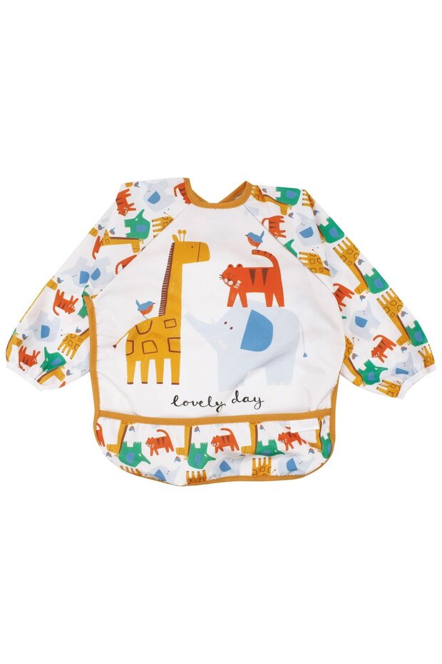 Baby Boy Ecru Orange Giraffe Elephant Patterned Long Sleeve Bib 6-24 Months