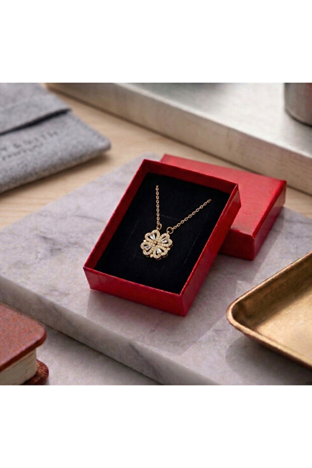 Boxed Gold Open-Close Magnetic Clover Steel Necklace – in Gift Packaging