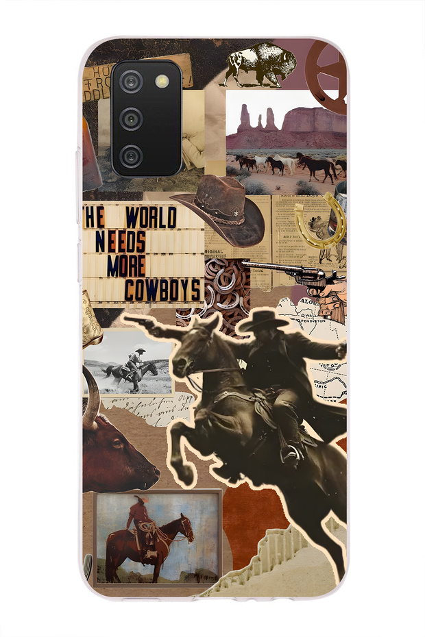 Samsung Galaxy A02S Compatible Cowboy Western Collage Patterned Transparent Phone Case