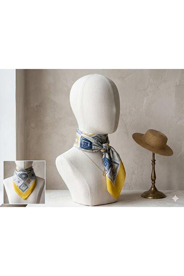 Women's Yellow Patterned Silky Satin Scarf 70X70