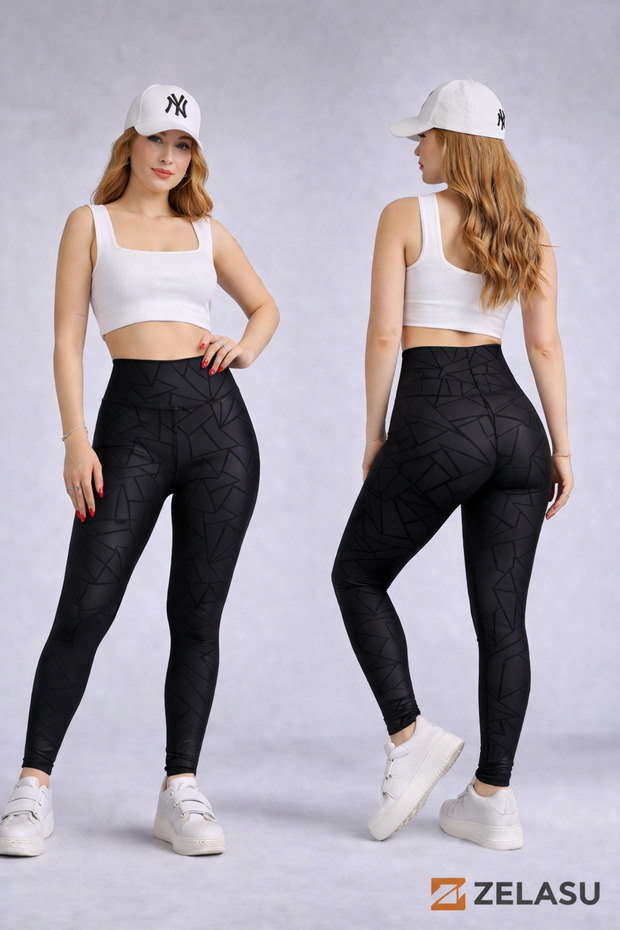 High Waist Gathering Effect Geometric Patterned Sports Leggings Black Flexible Fitness & Daily Use