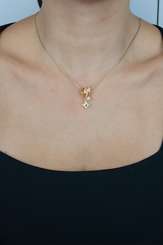 Multi-Charm Detailed Zircon Stone Gold Steel Necklace