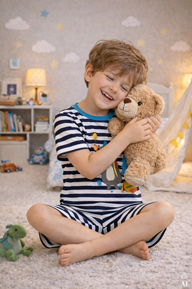 Boys' Cotton Striped Printed Short Sleeve Shorts Pajama Set