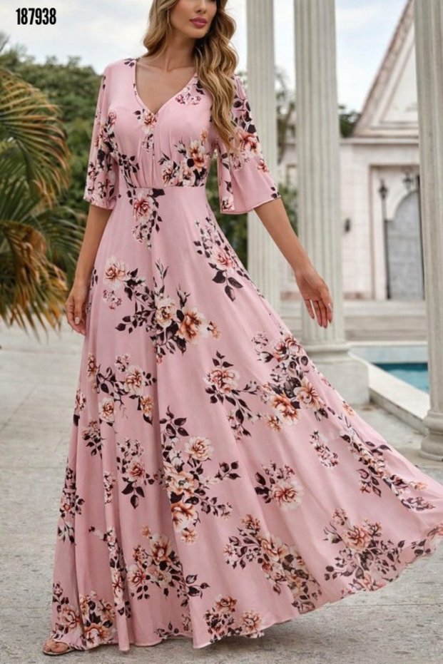 Women's Short Sleeve V Neck Floral Print Single Jersey Dress