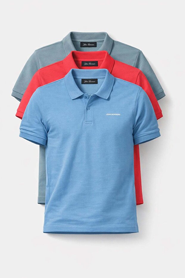 Men's 3-Pack Light Blue-Red-Blue Regular Fit 100% Cotton Pique Polo Collar T-Shirt