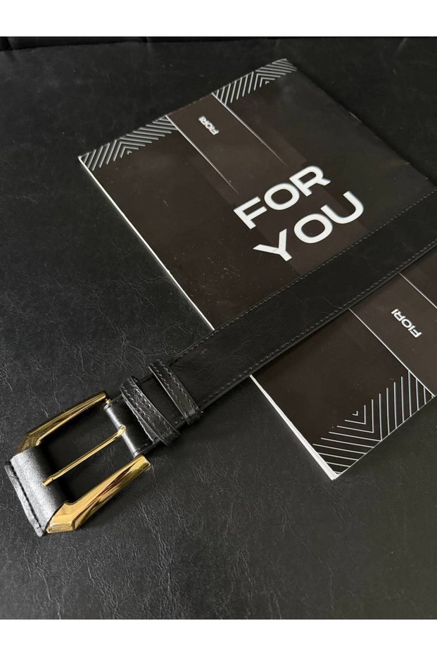 Double Leather Gold Buckled Belt -Black Black