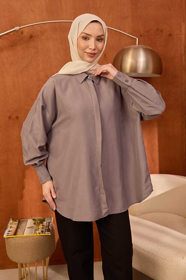 Gray Oversized Tunic with Hidden Buttons