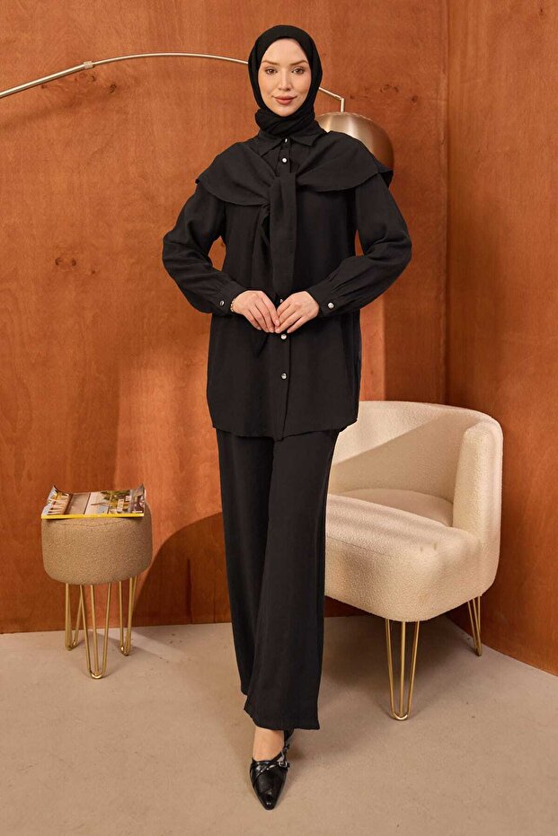 Black Shawl Detailed Tunic Trouser Suit