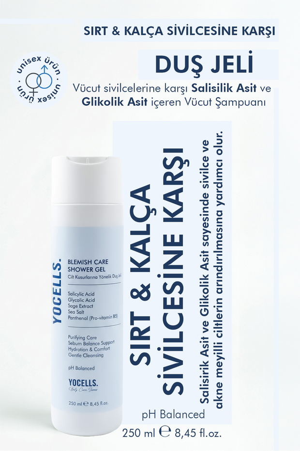YoCells Sırt ve Kalça İçin Karşıtı Vücut Şampuanı – Salisilik Asitli Akne Karşıtı Duş Jeli 250 ml
