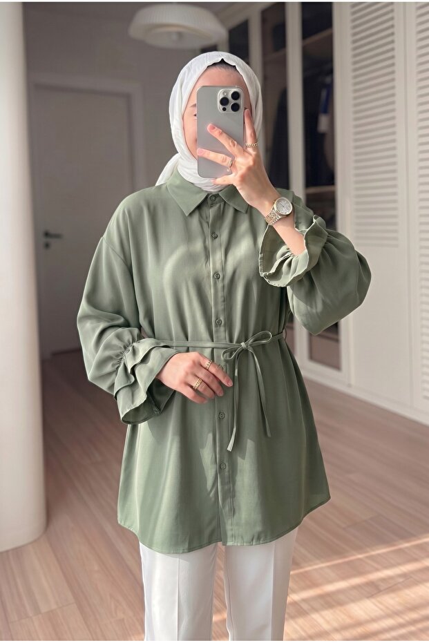 Women's Volan Sleeve Detailed, Ruffled Cuffs, Button Detailed, Relaxed Fit, Belted, Hijab Shirt