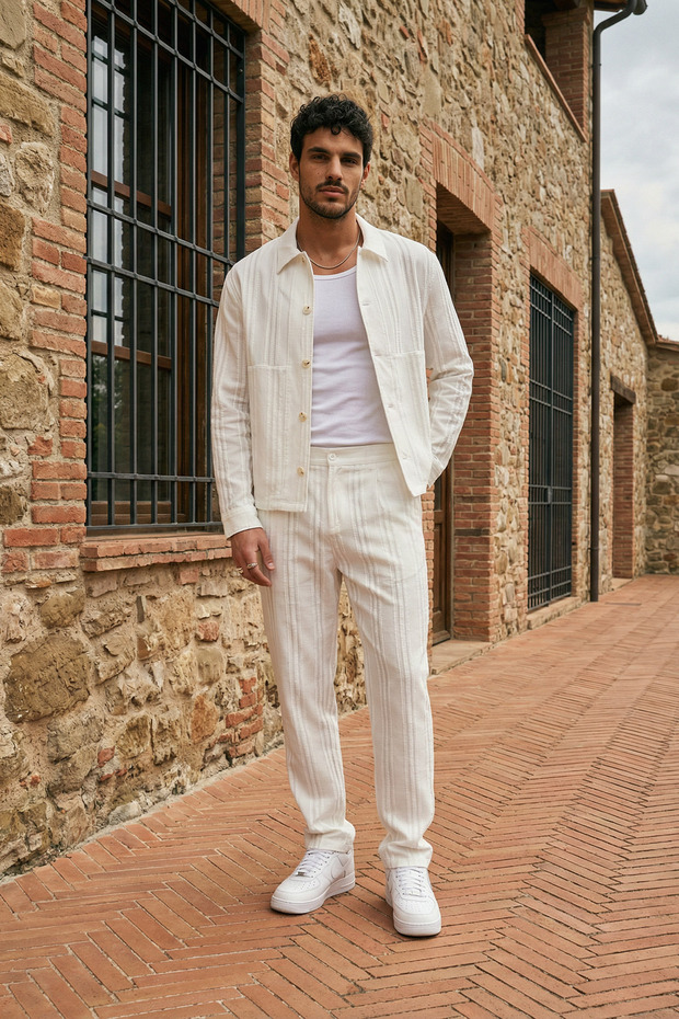 Talbot Premium Linen Patterned Buttoned Jacket Trousers Men's White Suit Relax Fit