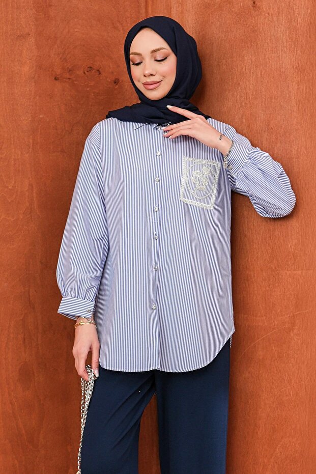 Navy Blue Buttoned Striped Shirt with Stone Detail