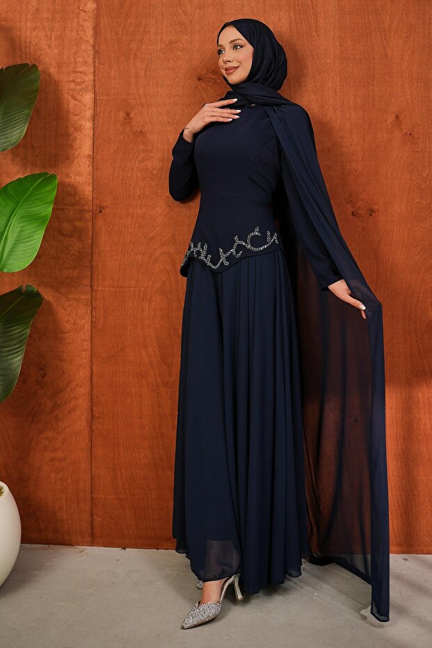 Navy Blue Crepe Evening Dress with Stones on the Front