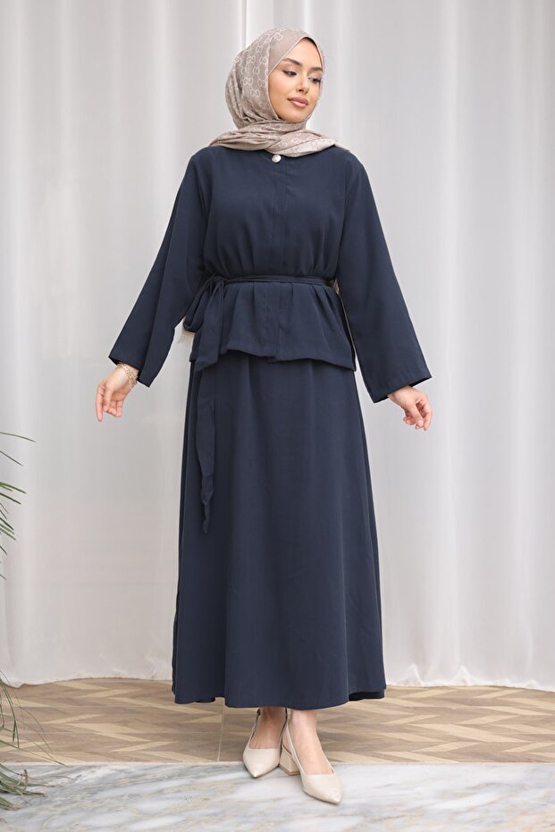 Dark Navy Blue Hidden Button Waist Belted Shirt Skirt Suit