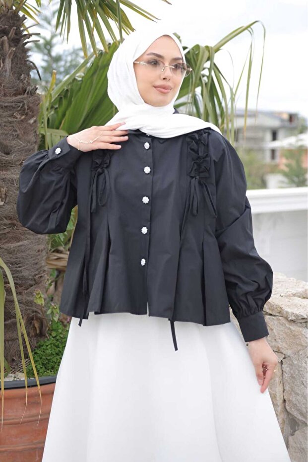 Black Shoulder Gathered Shirt