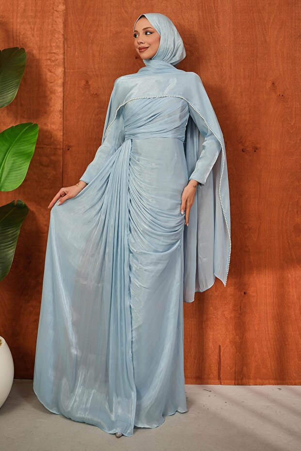 Baby Blue Pearl Cape and Gathered Front Evening Dress