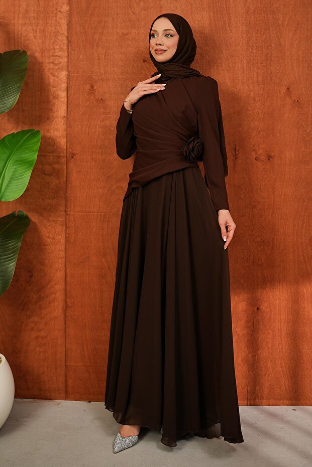 Brown Draped Front Evening Dress