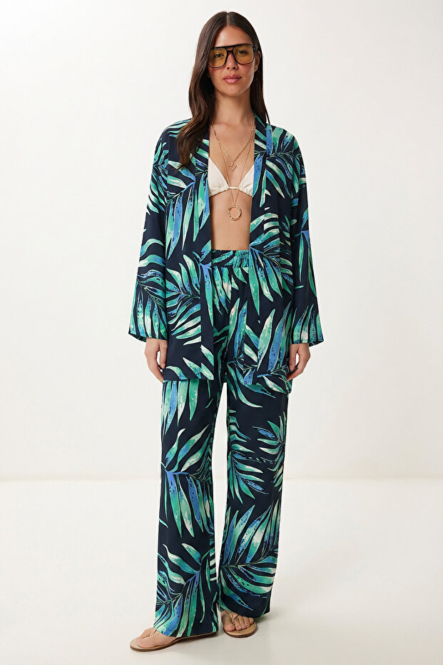 Patterned Summer Viscose Kimono Trouser Set Lje0003 Dark Blue Green