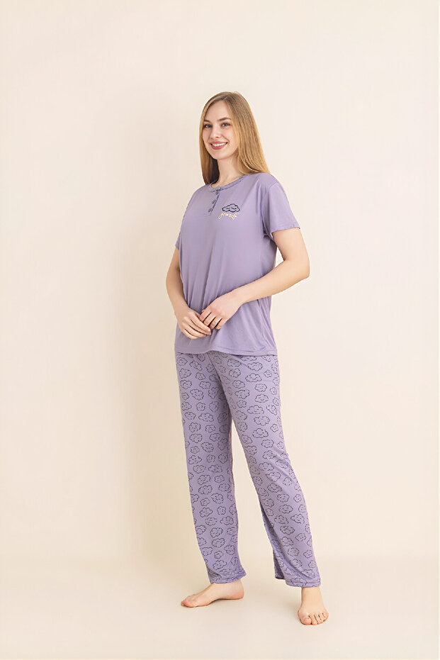 Women's Pajama Set-Violet Fabric-3 Buttons-Collar Printed-12606Sf