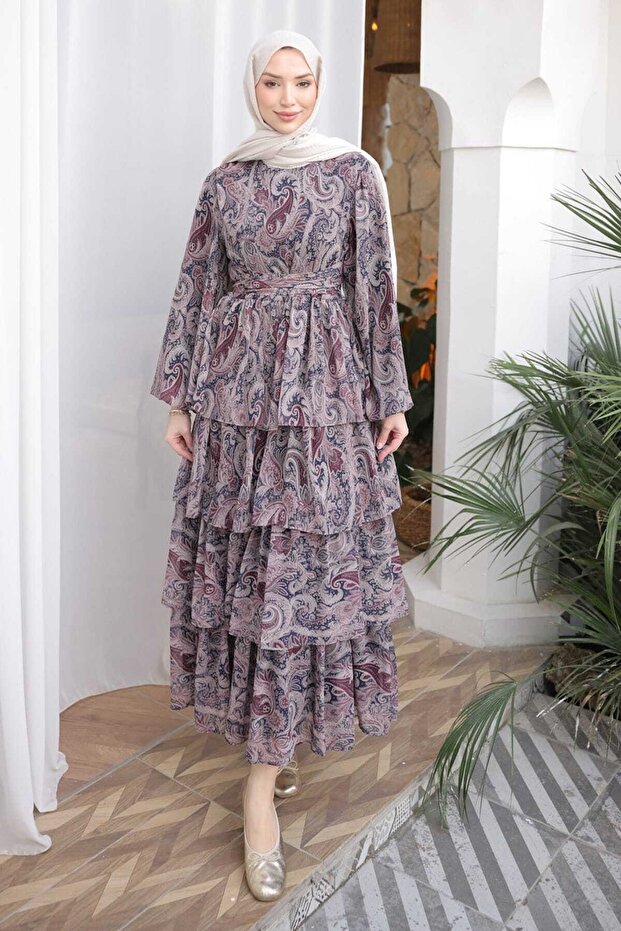 Mink Skirt Layered Patterned Chiffon Dress
