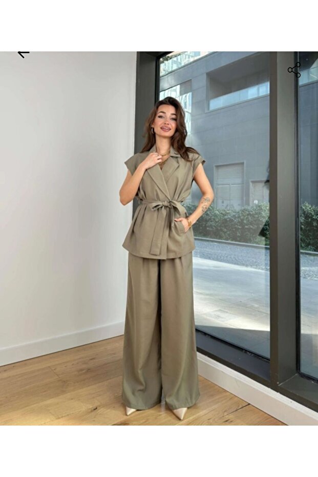 Sleeveless Oversize Lace-Up Cardigan & High Waist Pants Set