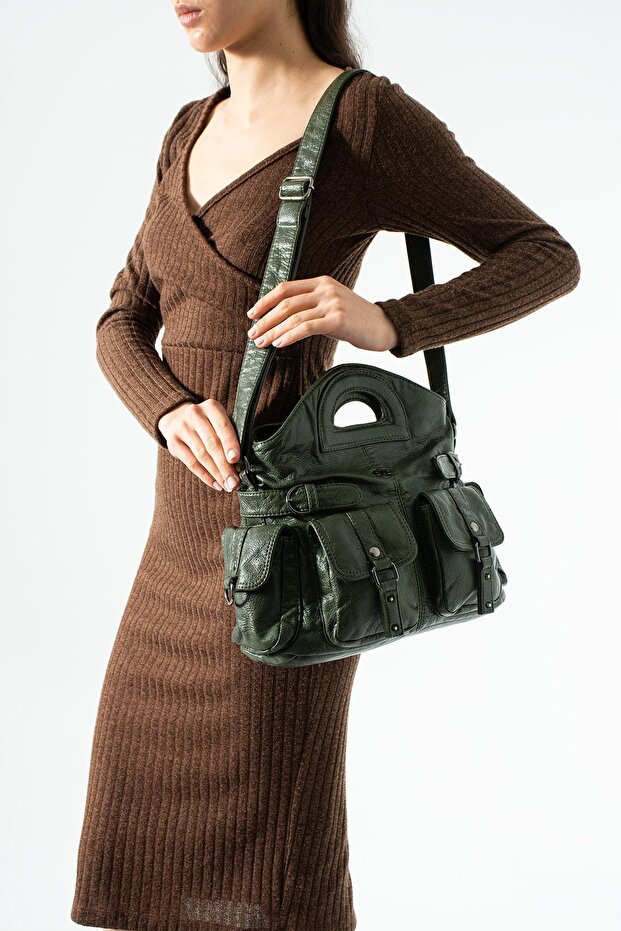 Washed Leather Multi-Pocket Shoulder Bag and Handbag Green Model: (571-12V)