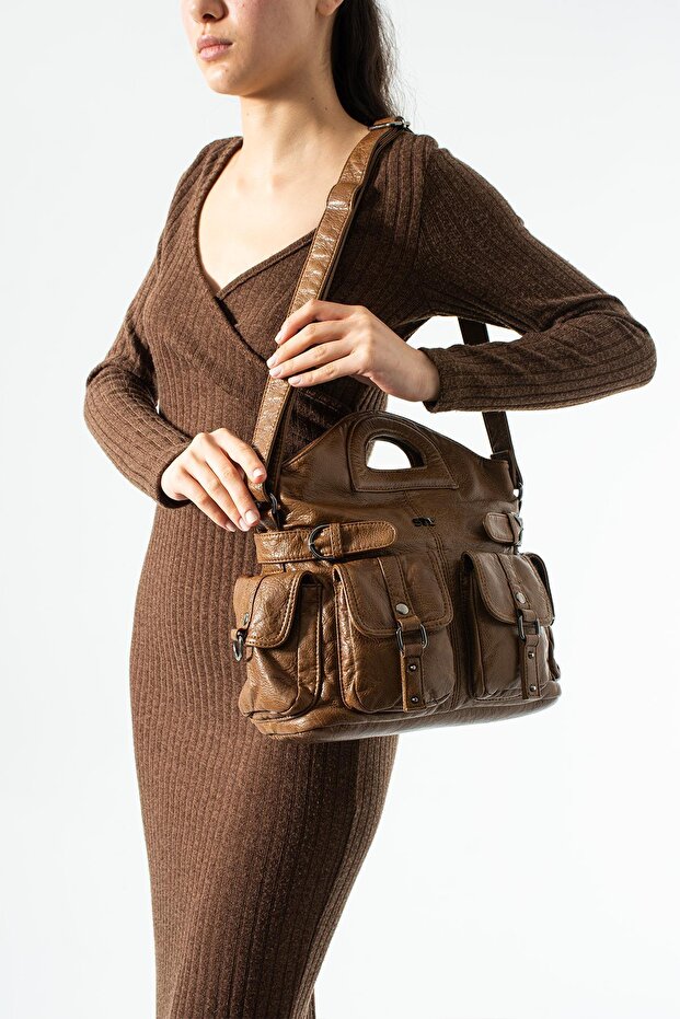 Washed Leather Multi-Pocket Shoulder Bag and Handbag, Tan Model: (571-12V)