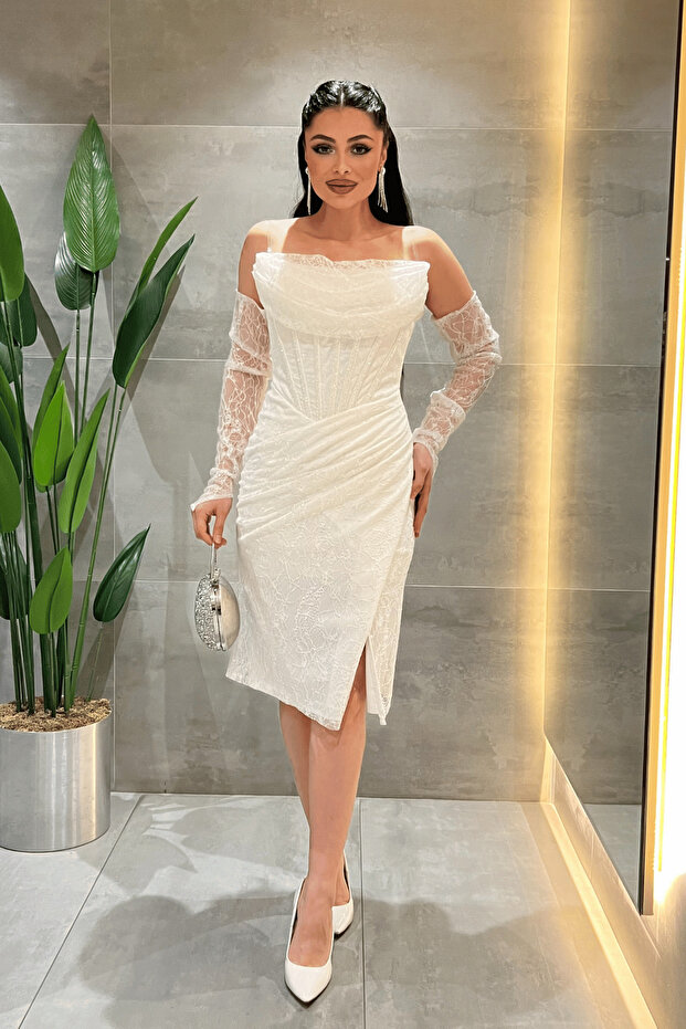 Full Lace Fabric Beaded Detailed Pencil Dress - White