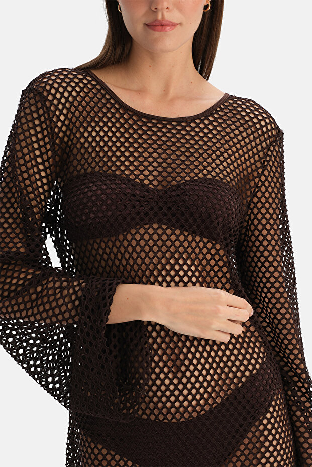 Rochie lungă din plasă maro - 6