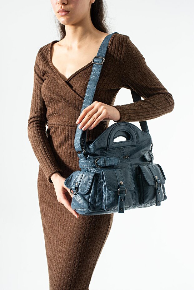 Washed Leather Multi-Pocket Shoulder Bag and Handbag Blue Model: (571-12V)