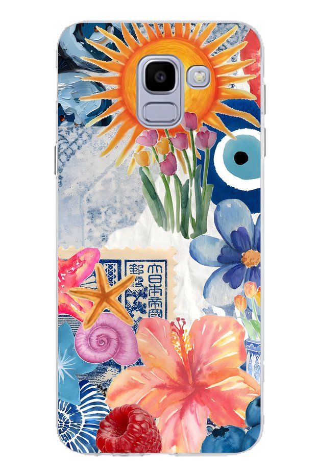 Samsung Galaxy J6 Compatible Transparent Phone Case with Sun Flowers and Evil Eye Pattern