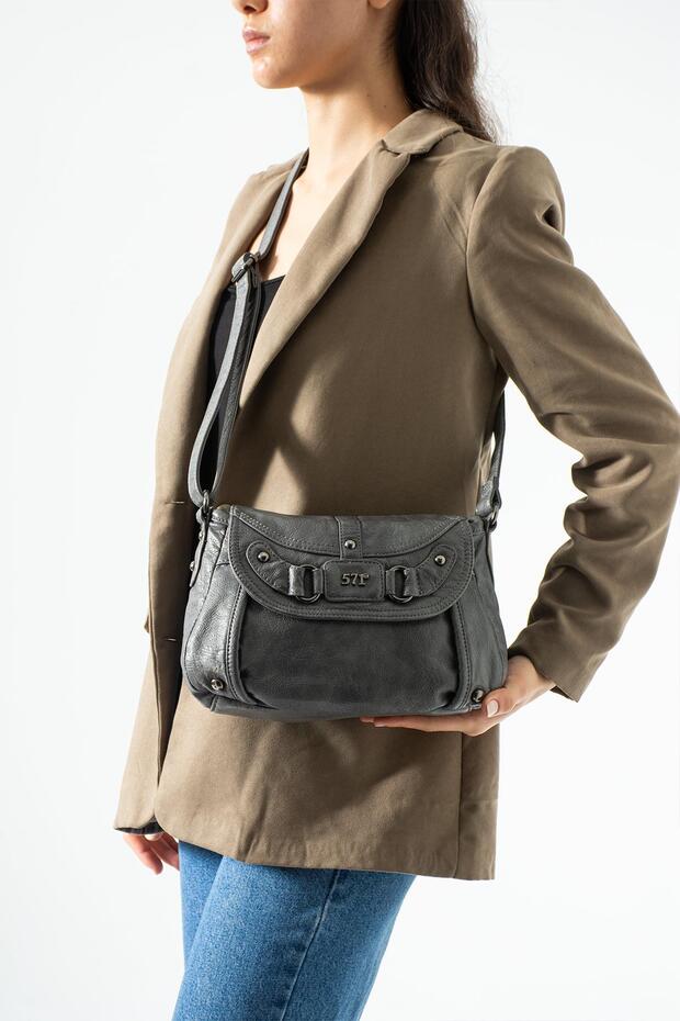 Washed Leather Crossbody Shoulder Bag Gray Model: (571-13O)